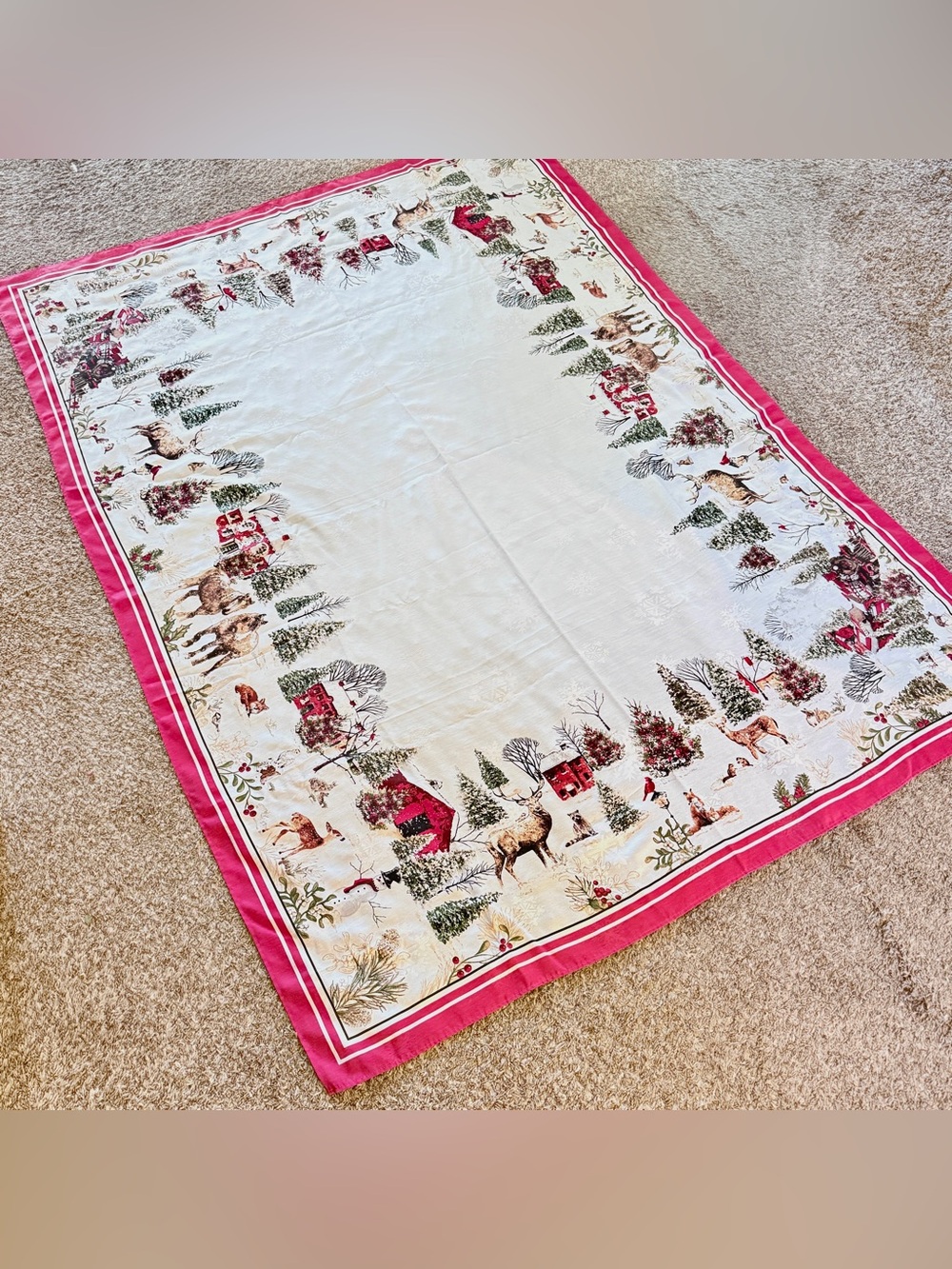Vintage Christmas Tablecloth 60”x84” | Nostalgic Woodland Village & Animals